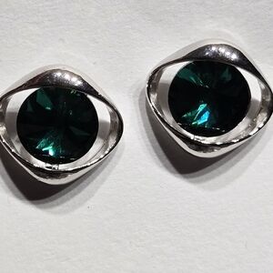 Silver Stud Earrings with Green Gemstone Beautiful Excellent Condition (no backs
